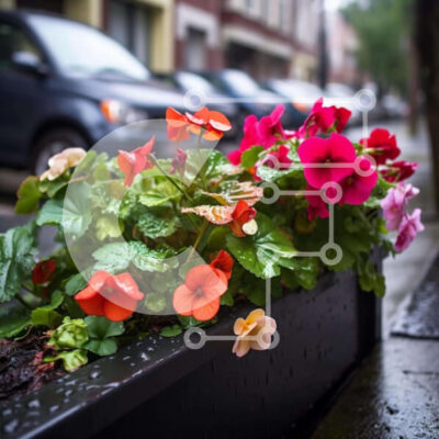 Intra Συλλεκτικό Ξύλινο Παζλ Plywood  4mm - Πολύχρωμο κουτί λουλουδιών στη βροχή με σταθμευμένα αυτοκίνητα Σε Ξύλινο Κουτί - Διαστάσεις: 10x10 cm – 25 κομμάτια - Image 1