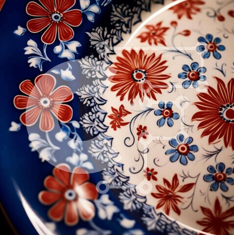 Intra Συλλεκτικό Ξύλινο Παζλ Plywood  4mm - Μπλε, κόκκινο και λευκό φλοράλ πιάτο Σε Ξύλινο Κουτί - Διαστάσεις: 10x10 cm – 25 κομμάτια - Image 1