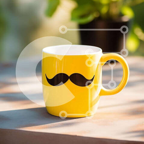 Intra Συλλεκτικό Ξύλινο Παζλ Plywood 4mm - Κίτρινη κούπα καφέ με σχέδιο μουστάκι σε τραπέζι εξωτερικού χώρου Σε Ξύλινο Κουτί - Διαστάσεις Puzzle: 10x10 cm – 25 κομμάτια - Image 1