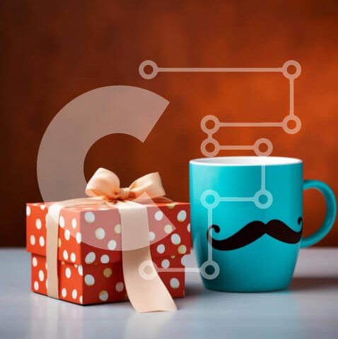 Intra Συλλεκτικό Ξύλινο Παζλ Plywood  4mm - Μπλε φλιτζάνι καφέ και πορτοκαλί κουτί δώρου με κούπα μουστάκι Σε Ξύλινο Κουτί - Διαστάσεις: 10x10 cm – 25 κομμάτια - Image 1