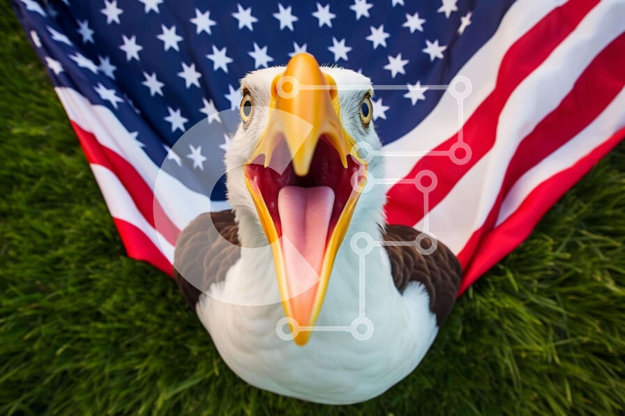 Intra Συλλεκτικό Ξύλινο Παζλ Plywood  4mm - Κοντινό πλάνο του Eagle με το ράμφος ανοιχτό δίπλα στην αμερικανική σημαία Σε Ξύλινο Κουτί - Διαστάσεις: 10x10 cm – 25 κομμάτια