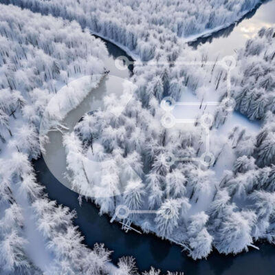 Intra Συλλεκτικό Ξύλινο Παζλ Plywood  4mm - Αεροφωτογραφία του χιονισμένου δάσους και του ποταμού Σε Ξύλινο Κουτί - Διαστάσεις: 10x10 cm – 25 κομμάτια - Image 1