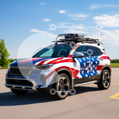 Intra Συλλεκτικό Ξύλινο Παζλ Plywood  4mm - Προσαρμοσμένο κόκκινο, λευκό και μπλε SUV με αμερικανική σημαία Σε Ξύλινο Κουτί - Διαστάσεις Puzzle: 10x10 cm – 25 κομμάτια - Image 1