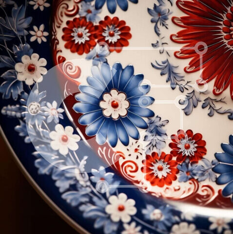 Intra Συλλεκτικό Ξύλινο Παζλ Plywood  4mm - Μπλε, κόκκινο και λευκό floral πιάτο σε ξύλινη επιφάνεια Σε Ξύλινο Κουτί - Διαστάσεις: 10x10 cm – 25 κομμάτια - Image 1