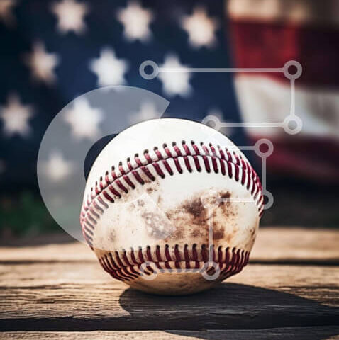 Intra Συλλεκτικό Ξύλινο Παζλ Plywood 4mm - Παλιό μπέιζμπολ σε ξύλινο τραπέζι με φόντο αμερικανική σημαία Σε Ξύλινο Κουτί - Διαστάσεις Puzzle: 10x10 cm – 25 κομμάτια - Image 1