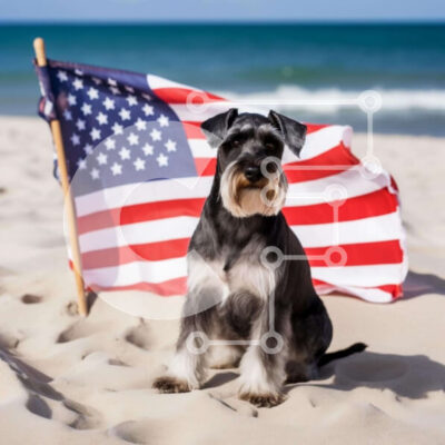 Intra Συλλεκτικό Ξύλινο Παζλ Plywood  4mm - Σκυλί Schnauzer στην παραλία με αμερικανική σημαία Σε Ξύλινο Κουτί - Διαστάσεις: 10x10 cm – 25 κομμάτια - Image 1