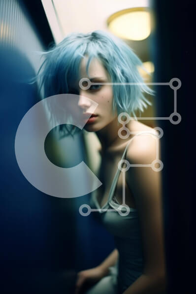 Intra Συλλεκτικό Ξύλινο Παζλ Plywood  4mm - Νεαρή γυναίκα με μπλε μαλλιά που σκέφτεται την επόμενη κίνηση Σε Ξύλινο Κουτί - Διαστάσεις Puzzle: 10x10 cm – 25 κομμάτια