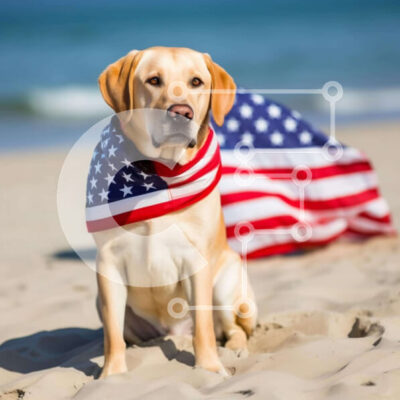 Intra Συλλεκτικό Ξύλινο Παζλ Plywood  4mm - Κίτρινο σκυλί Λαμπραντόρ στην παραλία με αμερικανική σημαία Σε Ξύλινο Κουτί - Διαστάσεις: 10x10 cm – 25 κομμάτια - Image 1