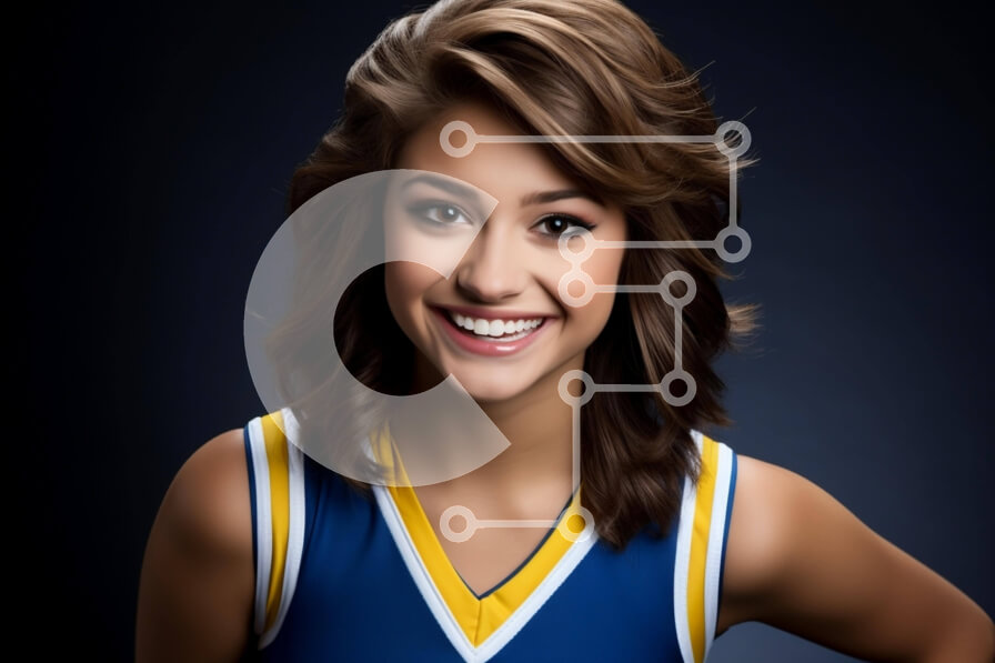 Intra Συλλεκτικό Ξύλινο Παζλ Plywood  4mm - Χαμογελαστή νεαρή γυναίκα με πορτοκαλί και μπλε στολή μαζορέτας Σε Ξύλινο Κουτί - Διαστάσεις Puzzle: 10x10 cm – 25 κομμάτια