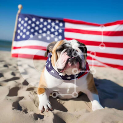 Intra Συλλεκτικό Ξύλινο Παζλ Plywood 4mm - Πατριωτικό μπουλντόγκ στην παραλία με αμερικανική σημαία Σε Ξύλινο Κουτί - Διαστάσεις: 10x10 cm – 25 κομμάτια - Image 1