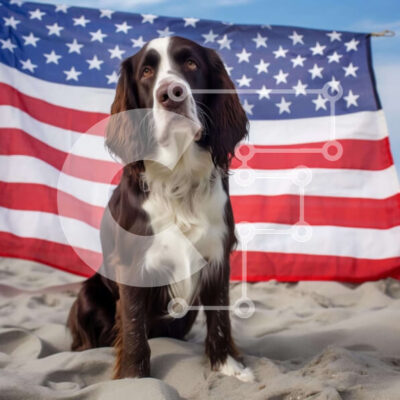 Intra Συλλεκτικό Ξύλινο Παζλ Plywood  4mm - Καφέ και λευκό σκυλί στην παραλία με την αμερικανική σημαία Σε Ξύλινο Κουτί - Διαστάσεις: 10x10 cm – 25 κομμάτια - Image 1