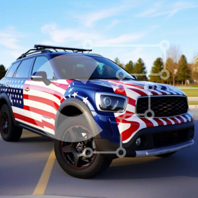 Intra Συλλεκτικό Ξύλινο Παζλ Plywood  4mm - Κόκκινο, λευκό και μπλε μίνι βαν με σχέδιο αμερικανικής σημαίας Σε Ξύλινο Κουτί - Διαστάσεις Puzzle: 10x10 cm – 25 κομμάτια - Image 1