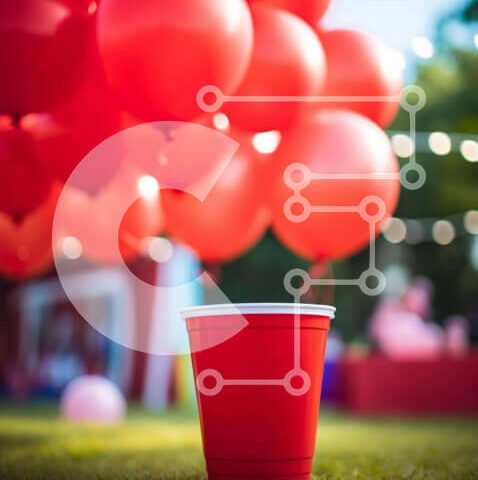 Intra Συλλεκτικό Ξύλινο Παζλ Plywood  4mm - Κόκκινο πλαστικό κύπελλο και μπαλόνια στο γρασίδι Σε Ξύλινο Κουτί - Διαστάσεις Puzzle: 10x10 cm – 25 κομμάτια - Image 1