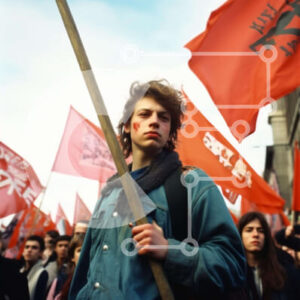 Intra Συλλεκτικό Ξύλινο Παζλ Plywood  4mm - Άνθρωπος με πορτοκαλί και κόκκινη σημαία που περιβάλλεται από ανθρώπους Σε Ξύλινο Κουτί - Διαστάσεις Puzzle: 10x10 cm – 25 κομμάτια