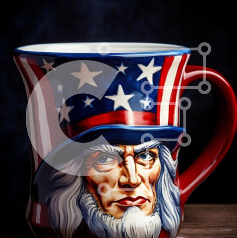 Intra Συλλεκτικό Ξύλινο Παζλ Plywood 4mm - Πατριωτική κούπα καφέ με το πρόσωπο και τις σημαίες του θείου Σαμ Σε Ξύλινο Κουτί - Διαστάσεις Puzzle: 10x10 cm – 25 κομμάτια - Image 1