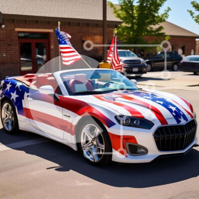 Intra Συλλεκτικό Ξύλινο Παζλ Plywood  4mm - Πατριωτικό κόκκινο, λευκό και μπλε σπορ αυτοκίνητο με χρώμα αμερικανικής σημαίας Σε Ξύλινο Κουτί - Διαστάσεις Puzzle: 10x10 cm – 25 κομμάτια - Image 1