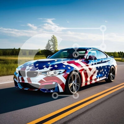Intra Συλλεκτικό Ξύλινο Παζλ Plywood  4mm - Αυτοκίνητο BMW με αμερικανική σημαία που οδηγεί στο δρόμο Σε Ξύλινο Κουτί - Διαστάσεις Puzzle: 10x10 cm – 25 κομμάτια - Image 1