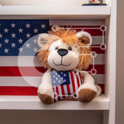 Intra Συλλεκτικό Ξύλινο Παζλ Plywood  4mm - Γεμιστό λιοντάρι με αμερικανική σημαία στο λευκό ράφι Σε Ξύλινο Κουτί - Διαστάσεις: 10x10 cm – 25 κομμάτια - Image 1