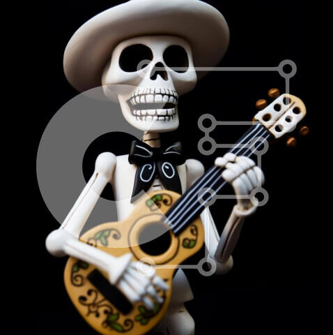 Intra Συλλεκτικό Ξύλινο Παζλ Plywood  4mm - Σκελετός με κιθάρα σε παραδοσιακό μεξικάνικο στυλ Σε Ξύλινο Κουτί - Διαστάσεις Puzzle: 10x10 cm – 25 κομμάτια - Image 1