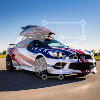 Intra Συλλεκτικό Ξύλινο Παζλ Plywood  4mm - Κόκκινο, λευκό και μπλε σπορ αυτοκίνητο με σανίδα του σερφ Σε Ξύλινο Κουτί - Διαστάσεις Puzzle: 10x10 cm – 25 κομμάτια - Image 1