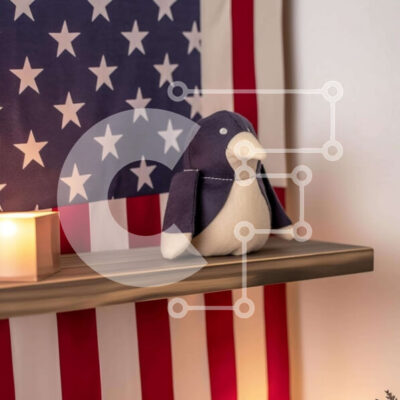 Intra Συλλεκτικό Ξύλινο Παζλ Plywood  4mm - Ξύλινο ράφι με αμερικανική σημαία και γεμιστό πιγκουίνο Σε Ξύλινο Κουτί - Διαστάσεις: 10x10 cm – 25 κομμάτια - Image 1