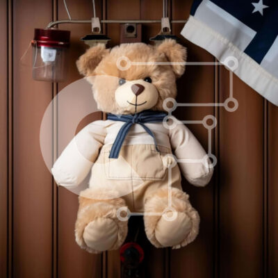 Intra Συλλεκτικό Ξύλινο Παζλ Plywood  4mm - Αρκουδάκι κρεμασμένο στον τοίχο με αμερικανική σημαία και αντικείμενα Σε Ξύλινο Κουτί - Διαστάσεις: 10x10 cm – 25 κομμάτια - Image 1