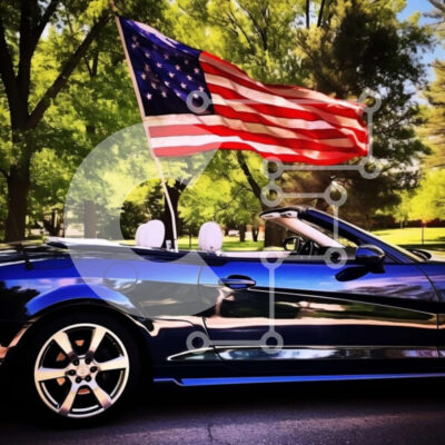 Intra Συλλεκτικό Ξύλινο Παζλ Plywood 4mm - Μπλε σπορ αυτοκίνητο με αμερικανική σημαία παρκαρισμένο κοντά σε δέντρα Σε Ξύλινο Κουτί - Διαστάσεις Puzzle: 10x10 cm – 25 κομμάτια - Image 1