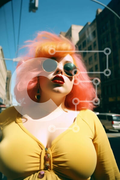 Intra Συλλεκτικό Ξύλινο Παζλ Plywood  4mm - Γυναίκα με κόκκινα μαλλιά και γυαλιά ηλίου σε αστικό περιβάλλον Σε Ξύλινο Κουτί - Διαστάσεις Puzzle: 10x10 cm – 25 κομμάτια