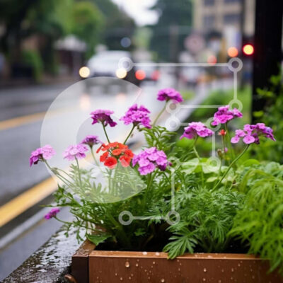 Intra Συλλεκτικό Ξύλινο Παζλ Plywood  4mm - Μωβ λουλούδια στη βροχή με αυτοκίνητα Σε Ξύλινο Κουτί - Διαστάσεις: 10x10 cm – 25 κομμάτια - Image 1