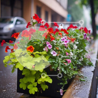 Intra Συλλεκτικό Ξύλινο Παζλ Plywood  4mm - Σειρά από γλάστρες με πολύχρωμα λουλούδια στο πεζοδρόμιο Σε Ξύλινο Κουτί - Διαστάσεις: 10x10 cm – 25 κομμάτια - Image 1