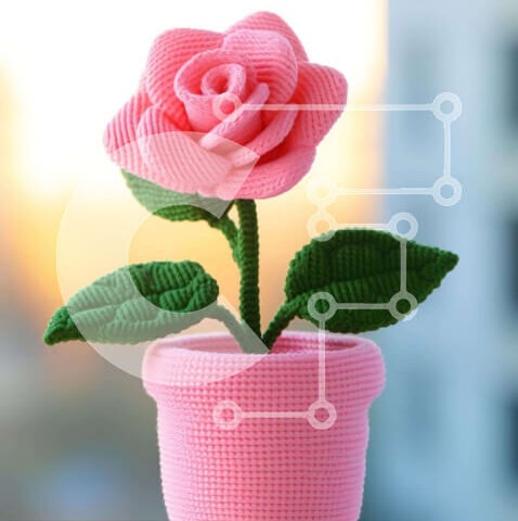 Intra Συλλεκτικό Ξύλινο Παζλ Plywood  4mm - Ροζ κροσέ γλάστρα με πράσινα φύλλα Σε Ξύλινο Κουτί - Διαστάσεις: 10x10 cm – 25 κομμάτια - Image 1