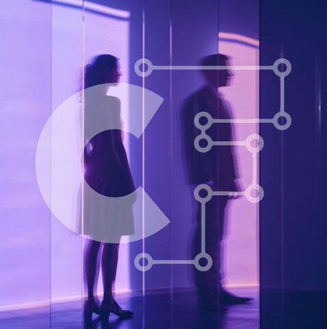 Intra Συλλεκτικό Ξύλινο Παζλ Plywood 4mm - Άνδρας και γυναίκα σιλουέτα ενάντια σε μωβ τοίχους Σε Ξύλινο Κουτί - Διαστάσεις Puzzle: 10x10 cm – 25 κομμάτια - Image 1