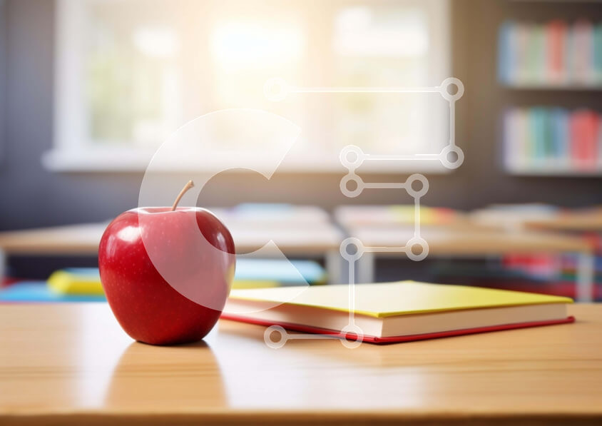 Intra Συλλεκτικό Ξύλινο Παζλ Plywood  4mm - Κόκκινο μήλο στο γραφείο στη φωτεινή τάξη Σε Ξύλινο Κουτί - Διαστάσεις Puzzle: 10x10 cm – 25 κομμάτια