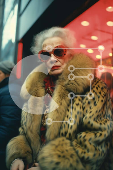 Intra Συλλεκτικό Ξύλινο Παζλ Plywood  4mm - Ηλικιωμένη γυναίκα με γούνινο παλτό και γυαλιά ηλίου με λεοπάρ Σε Ξύλινο Κουτί - Διαστάσεις Puzzle: 10x10 cm – 25 κομμάτια