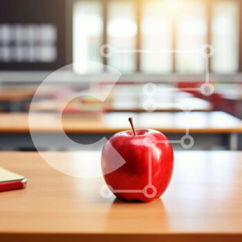 Intra Συλλεκτικό Ξύλινο Παζλ Plywood  4mm - Κόκκινο μήλο στο ξύλινο γραφείο στην κενή τάξη Σε Ξύλινο Κουτί - Διαστάσεις Puzzle: 10x10 cm – 25 κομμάτια - Image 1