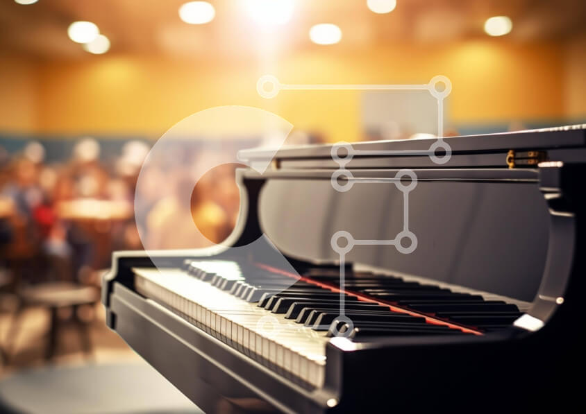 Intra Συλλεκτικό Ξύλινο Παζλ Plywood  4mm - Μαύρο πιάνο σε σκηνικό ορχήστρας Σε Ξύλινο Κουτί - Διαστάσεις Puzzle: 10x10 cm – 25 κομμάτια