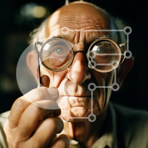 Intra Συλλεκτικό Ξύλινο Παζλ Plywood  4mm - Ηλικιωμένος άνδρας που κοιτάζει μέσα από τα γυαλιά Σε Ξύλινο Κουτί - Διαστάσεις Puzzle: 10x10 cm – 25 κομμάτια - Image 1