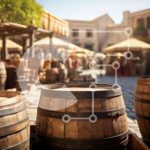 Intra Συλλεκτικό Ξύλινο Παζλ Plywood  4mm - Ξύλινα βαρέλια στοιβαγμένα στην Cobblestone Street Σε Ξύλινο Κουτί - Διαστάσεις Puzzle: 10x10 cm – 25 κομμάτια