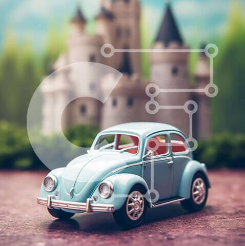 Intra Συλλεκτικό Ξύλινο Παζλ Plywood  4mm - Μπλε αυτοκίνητο και κάστρο Volkswagen Beetle Σε Ξύλινο Κουτί - Διαστάσεις Puzzle: 10x10 cm – 25 κομμάτια - Image 1