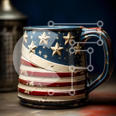 Intra Συλλεκτικό Ξύλινο Παζλ Plywood  4mm - Παλιά κούπα καφέ με διακόσμηση αμερικανικής σημαίας Σε Ξύλινο Κουτί - Διαστάσεις: 10x10 cm – 25 κομμάτια - Image 1