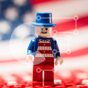 Intra Συλλεκτικό Ξύλινο Παζλ Plywood  4mm - Φιγούρα Lego που γιορτάζει τις πατριωτικές διακοπές με αμερικανική σημαία Σε Ξύλινο Κουτί - Διαστάσεις: 10x10 cm – 25 κομμάτια