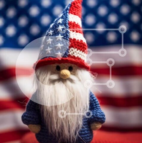 Intra Συλλεκτικό Ξύλινο Παζλ Plywood 4mm - Κροσέ στοιχειό με καπέλο αμερικανικής σημαίας σε πατριωτικό φόντο Σε Ξύλινο Κουτί - Διαστάσεις Puzzle: 10x10 cm – 25 κομμάτια - Image 1