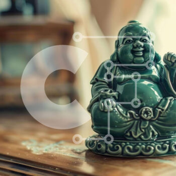 Intra Συλλεκτικό Ξύλινο Παζλ Plywood  4mm - Πράσινο άγαλμα του Βούδα σε ξύλινο τραπέζι Σε Ξύλινο Κουτί - Διαστάσεις Puzzle: 10x10 cm – 25 κομμάτια - Image 1