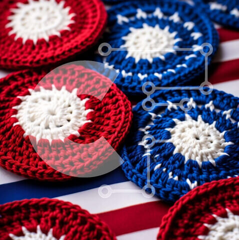 Intra Συλλεκτικό Ξύλινο Παζλ Plywood  4mm - Σουβέρ με κροσέ σε τραπεζομάντιλο με θέμα την αμερικανική σημαία Σε Ξύλινο Κουτί - Διαστάσεις: 10x10 cm – 25 κομμάτια - Image 1