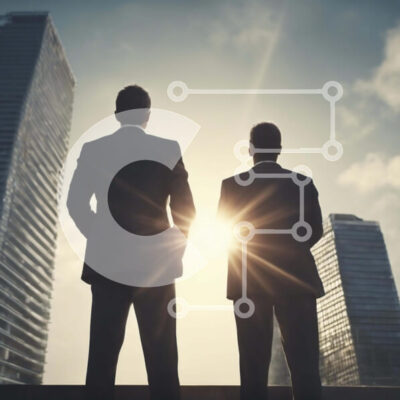 Intra Συλλεκτικό Ξύλινο Παζλ Plywood  4mm - Δύο επιχειρηματίες μπροστά από τον ουρανοξύστη με τον ήλιο Σε Ξύλινο Κουτί - Διαστάσεις Puzzle: 10x10 cm – 25 κομμάτια - Image 1