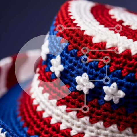 Intra Συλλεκτικό Ξύλινο Παζλ Plywood  4mm - Κόκκινο, λευκό και μπλε καπέλο κροσέ με αστέρια και ρίγες Σε Ξύλινο Κουτί - Διαστάσεις Puzzle: 10x10 cm – 25 κομμάτια - Image 1