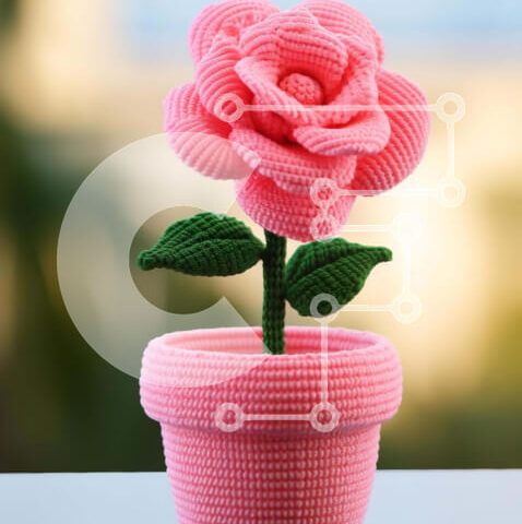 Intra Συλλεκτικό Ξύλινο Παζλ Plywood 4mm - Τοποθέτηση τέχνης με ροζ κροσέ γλάστρα Σε Ξύλινο Κουτί - Διαστάσεις Puzzle: 10x10 cm – 25 κομμάτια - Image 1