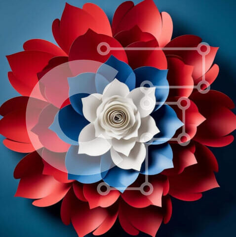 Intra Συλλεκτικό Ξύλινο Παζλ Plywood  4mm - Κόκκινο, λευκό και μπλε λουλούδι από χαρτί σε σχήμα αμερικανικής σημαίας Σε Ξύλινο Κουτί - Διαστάσεις Puzzle: 10x10 cm – 25 κομμάτια - Image 1