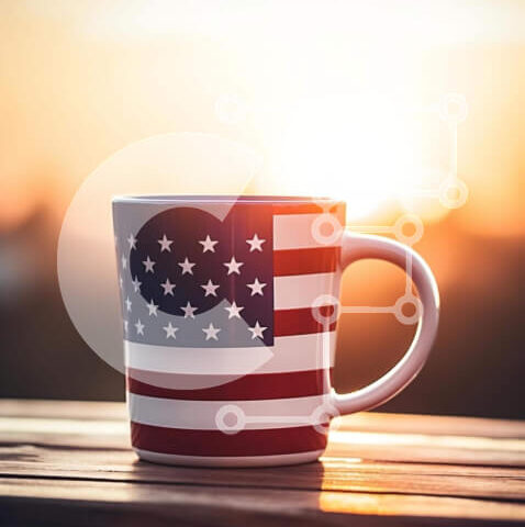 Intra Συλλεκτικό Ξύλινο Παζλ Plywood 4mm - Πατριωτική κούπα καφέ με σχέδιο αμερικανικής σημαίας Σε Ξύλινο Κουτί - Διαστάσεις Puzzle: 10x10 cm – 25 κομμάτια - Image 1