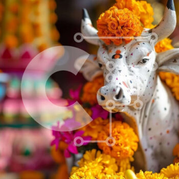 Intra Συλλεκτικό Ξύλινο Παζλ Plywood  4mm - Άγαλμα λευκής αγελάδας με πορτοκαλί και κίτρινα λουλούδια Σε Ξύλινο Κουτί - Διαστάσεις Puzzle: 10x10 cm – 25 κομμάτια - Image 1